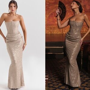 NWOT HOUSE OF CB Persephone Gold Chiffon Corset Maxi Dress Size S PLUS CUP